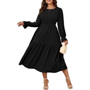 Women's Plus Size Dress Long Sleeve Crewneck Smocked Tiered Flowy Boho Wedding Party Maxi Dresses