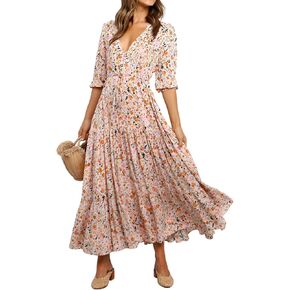 Women's Casual Short Sleeve Button Down Tiered Boho Midi Floral Dress with Pockets