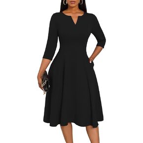 Nmoder Midi Dresses for Women A-Line Fit and Flare Dress 3/4 Sleeve V Neck Cocktail Wedding Guest Work Dress with Pockets