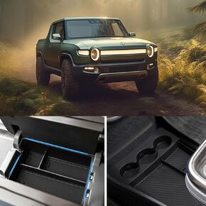Tressiche Center Console Organizer Tray with Drink Cup Holder and Armrest Storage Box for Rivian R1T/R1S 2024 2023 2022 Console Storage Box Interior Accessories
