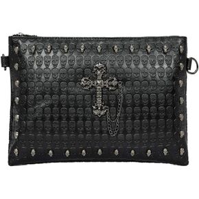 Downupdown Men Women Clutch Skull Purses Gothic Handbags Punk Evening Bag Skull Print Leather Wallet Cross Chain Clutches