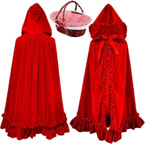 Suhine 1 Pcs Hooded Cloak Long Velvet Cape Red with 1 Pcs Picnic Basket for Halloween Women Riding Hood Cape Costume Dress up