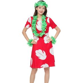 Women's Dress Costume Hawaiian Red Dress with Hawaiian Leaf Flower Leis Accessories Flower Hair Clip