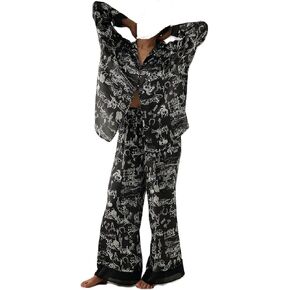 Women Soft Satin Pajamas Set Y2K Floral Long Sleeve Button Down Shirt Wide Leg Pants 2 Piece Silk Pjs Set Loungewear