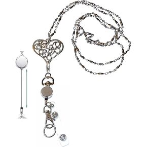 Hidden Hollow Beads Retractable Badge Reel, Heart Chain Women's Beaded Lanyard, Strong, ID Card Holder, Keys Teacher Nurse Cruise Key Keychain