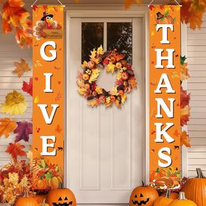 Thanksgiving Door Decorations, GIVE THANKS Banner Porch Sign, Fall Harvest Welcome Banner For Indoor Outdoor Wall Decoration Thanksgiving Party Decorations 72" x 12"