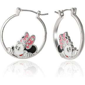 Minnie Mouse Earrings for Women Official License - Silver Flash-Plated Brass Minnie Head Hoop Earrings with Crystal Accent