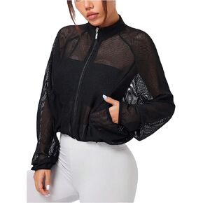 SweatyRocks Women's Sheer Fishnet Workout Zip Up Jackets for Casual Running