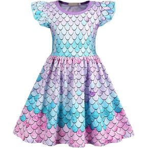 Benylion Girls Dresses Rainbow Unicorn Short Flutter Sleeve Skater Dress Mermaid Dress Kids Playwear for Girls 3-12 Years