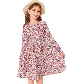 Haloumoning Girls Floral Long Sleeve Dresses Kids Flowy Skater Twirly A-line Dress with Pockets 7-14 Years