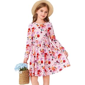 Haloumoning Girls Floral Long Sleeve Dresses Kids Flowy Skater Twirly A-line Dress with Pockets 7-14 Years