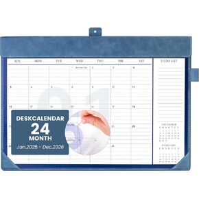 Yoment Desk Calendar 2025-2026, Jan 2025-Dec 2026, Large Desk Calendar with To-Do Lists, 24 Months Leather Desk Pad Wall Calendar with PVC Cover for Work Office School Home Women Men, 17 x 12, Blue