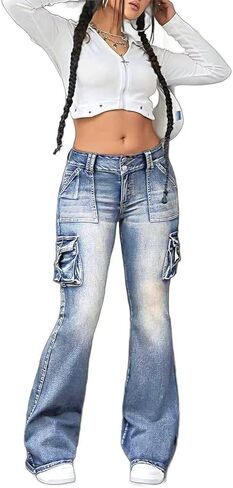 Flamingals Women's Cargo Mid Waisted Jeans Wide Leg Butt Lifting Flap Pocket Flare Y2k Denim Pants in Saudi Arabia