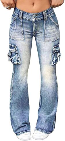 Flamingals Women's Cargo Mid Waisted Jeans Wide Leg Butt Lifting Flap Pocket Flare Y2k Denim Pants in Saudi Arabia
