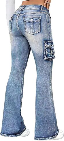 Flamingals Women's Cargo Mid Waisted Jeans Wide Leg Butt Lifting Flap Pocket Flare Y2k Denim Pants in Saudi Arabia