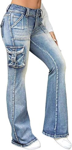 Flamingals Women's Cargo Mid Waisted Jeans Wide Leg Butt Lifting Flap Pocket Flare Y2k Denim Pants in Saudi Arabia