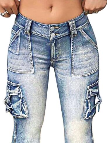 Flamingals Women's Cargo Mid Waisted Jeans Wide Leg Butt Lifting Flap Pocket Flare Y2k Denim Pants in Saudi Arabia