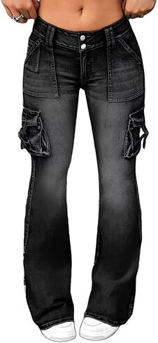 Flamingals Women's Cargo Mid Waisted Jeans Wide Leg Butt Lifting Flap Pocket Flare Y2k Denim Pants in Saudi Arabia