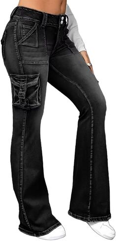 Flamingals Women's Cargo Mid Waisted Jeans Wide Leg Butt Lifting Flap Pocket Flare Y2k Denim Pants in Saudi Arabia