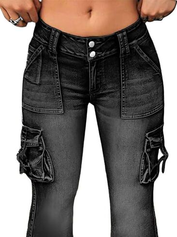 Flamingals Women's Cargo Mid Waisted Jeans Wide Leg Butt Lifting Flap Pocket Flare Y2k Denim Pants in Saudi Arabia