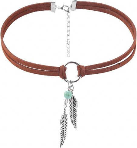 Boho Feather Turquoise Leather Choker Necklace for Women Bohemian Handmade Leaf Layered Black Brown Suede Cowgirl Cowboy Necklace for Western Style Country Party Trendy Jewelry Gifts in Saudi Arabia