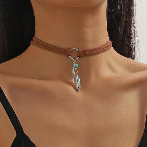 Boho Feather Turquoise Leather Choker Necklace for Women Bohemian Handmade Leaf Layered Black Brown Suede Cowgirl Cowboy Necklace for Western Style Country Party Trendy Jewelry Gifts in Saudi Arabia