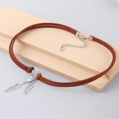 Boho Feather Turquoise Leather Choker Necklace for Women Bohemian Handmade Leaf Layered Black Brown Suede Cowgirl Cowboy Necklace for Western Style Country Party Trendy Jewelry Gifts in Saudi Arabia