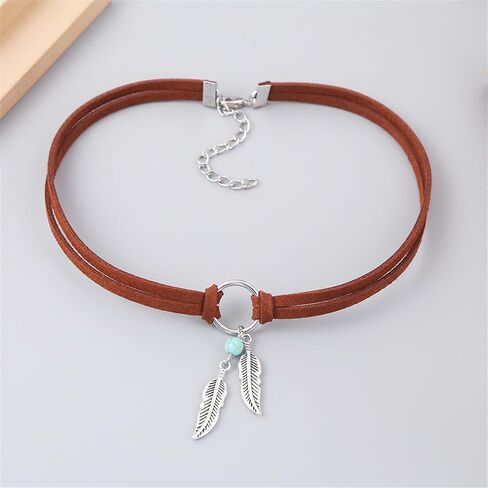Boho Feather Turquoise Leather Choker Necklace for Women Bohemian Handmade Leaf Layered Black Brown Suede Cowgirl Cowboy Necklace for Western Style Country Party Trendy Jewelry Gifts in Saudi Arabia