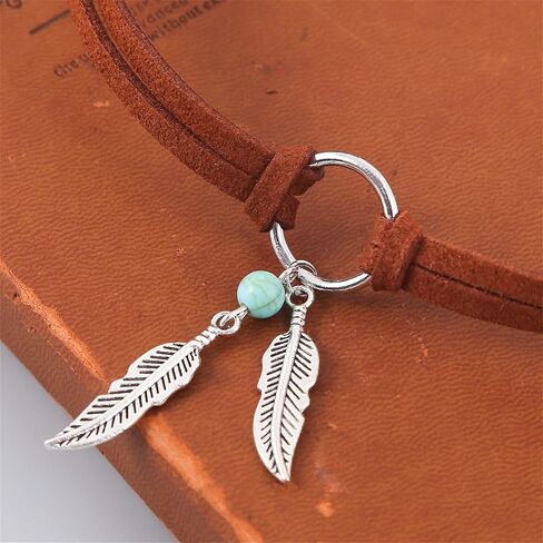 Boho Feather Turquoise Leather Choker Necklace for Women Bohemian Handmade Leaf Layered Black Brown Suede Cowgirl Cowboy Necklace for Western Style Country Party Trendy Jewelry Gifts in Saudi Arabia