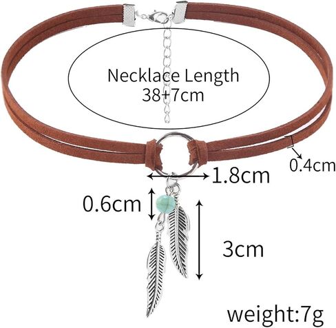 Boho Feather Turquoise Leather Choker Necklace for Women Bohemian Handmade Leaf Layered Black Brown Suede Cowgirl Cowboy Necklace for Western Style Country Party Trendy Jewelry Gifts in Saudi Arabia