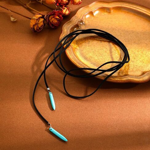 Boho Feather Turquoise Leather Choker Necklace for Women Bohemian Handmade Leaf Layered Black Brown Suede Cowgirl Cowboy Necklace for Western Style Country Party Trendy Jewelry Gifts in Saudi Arabia