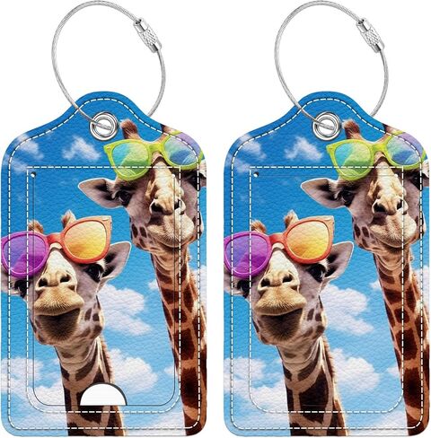 2 Pcs Luggage Tag for Suitcase, Funny Giraffe Unique Leather Suitcase Tags with Full Privacy Cover Stainless Steel Loop for Women Men Travel Baggage Bag Backpack in Saudi Arabia