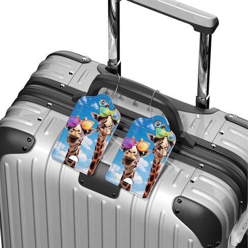 2 Pcs Luggage Tag for Suitcase, Funny Giraffe Unique Leather Suitcase Tags with Full Privacy Cover Stainless Steel Loop for Women Men Travel Baggage Bag Backpack in Saudi Arabia