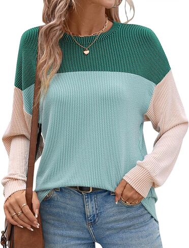Ivicoer Womens Fashion 2024 Ribbed Long Sleeve Tops Color Block Pullover Shirts Casual Loose in Kuwait