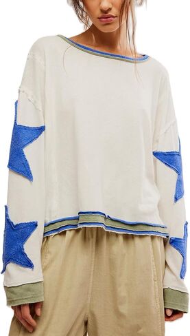 المرأة المتضخم الرسم البلوز Y2k كم طويل خمر Crewneck قميص أعلى قطرة الكتف سترة صوفية in Kuwait