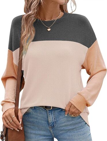 قمصان Ivicoer للسيدات موضة 2024 مضلعة بأكمام طويلة وألوان متعددة، قمصان كاجوال فضفاضة in Kuwait