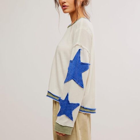 المرأة المتضخم الرسم البلوز Y2k كم طويل خمر Crewneck قميص أعلى قطرة الكتف سترة صوفية in Kuwait