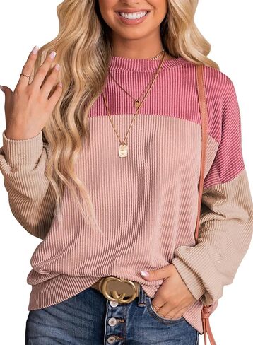 Ivicoer Womens Fashion 2024 Ribbed Long Sleeve Tops Color Block Pullover Shirts Casual Loose in Kuwait