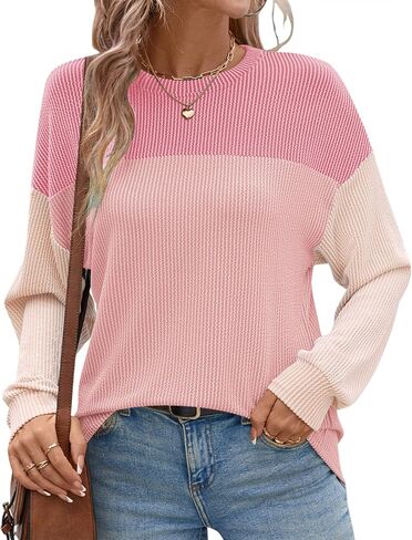 Ivicoer Womens Fashion 2024 Ribbed Long Sleeve Tops Color Block Pullover Shirts Casual Loose in Kuwait
