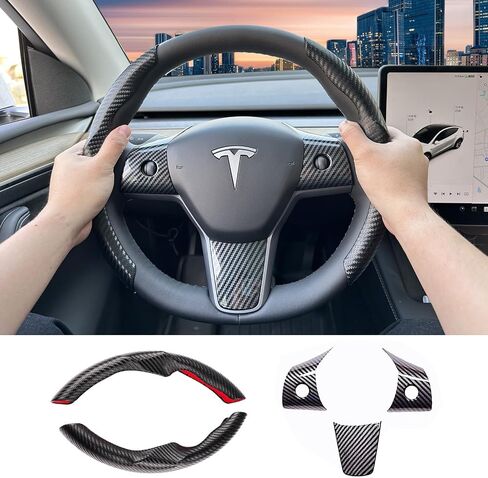 Carbon Fiber Steering Wheel Cover for Tesla Model 3/Y with Steering Wheel Wrap Kit, Anti Slip Steering Wheel Cover, Tesla Steering Wheel Cover, Car Accessories for Women/Men - Black in Saudi Arabia