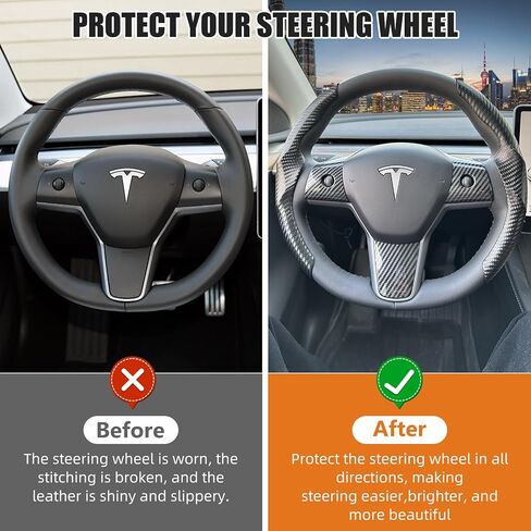 Carbon Fiber Steering Wheel Cover for Tesla Model 3/Y with Steering Wheel Wrap Kit, Anti Slip Steering Wheel Cover, Tesla Steering Wheel Cover, Car Accessories for Women/Men - Black in Saudi Arabia