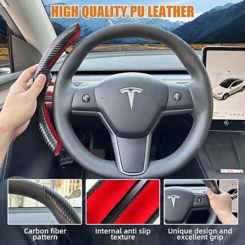 Carbon Fiber Steering Wheel Cover for Tesla Model 3/Y with Steering Wheel Wrap Kit, Anti Slip Steering Wheel Cover, Tesla Steering Wheel Cover, Car Accessories for Women/Men - Black in Saudi Arabia