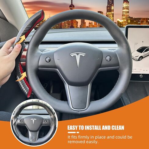 Carbon Fiber Steering Wheel Cover for Tesla Model 3/Y with Steering Wheel Wrap Kit, Anti Slip Steering Wheel Cover, Tesla Steering Wheel Cover, Car Accessories for Women/Men - Black in Saudi Arabia
