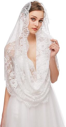 JWICOS Mantilla Cathedral Head Cover Chapel Veil Mass Veil حجاب دانتيل لعرائس الزفاف (أسود) in Kuwait