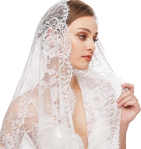 JWICOS Mantilla Cathedral Head Cover Chapel Veil Mass Veil حجاب دانتيل لعرائس الزفاف (أسود) in Kuwait
