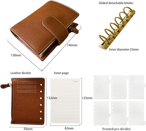 دفتر ملاحظات A7 منظم من الجلد الطبيعي من Minerva Box، دفتر ملاحظات بحجم الجيب مع مخطط حلقات ستالوجي مع دفتر مذكرات جدول أعمال صغير مقاس 25 مم (بني كونياك) in Kuwait