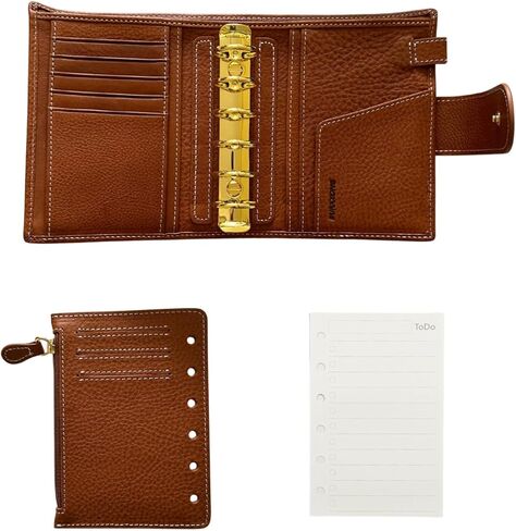 دفتر ملاحظات A7 منظم من الجلد الطبيعي من Minerva Box، دفتر ملاحظات بحجم الجيب مع مخطط حلقات ستالوجي مع دفتر مذكرات جدول أعمال صغير مقاس 25 مم (بني كونياك) in Kuwait