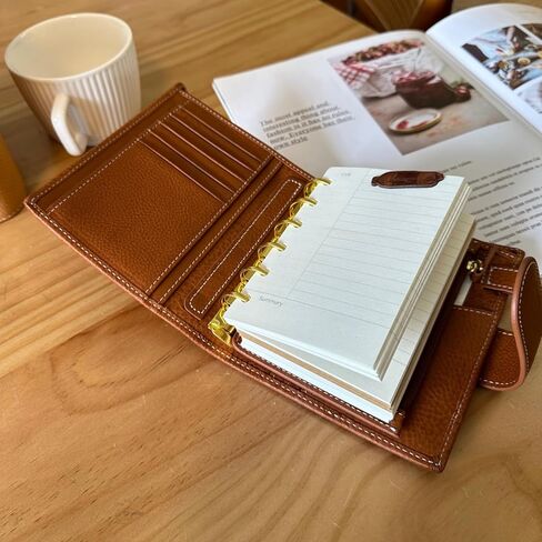 دفتر ملاحظات A7 منظم من الجلد الطبيعي من Minerva Box، دفتر ملاحظات بحجم الجيب مع مخطط حلقات ستالوجي مع دفتر مذكرات جدول أعمال صغير مقاس 25 مم (بني كونياك) in Kuwait