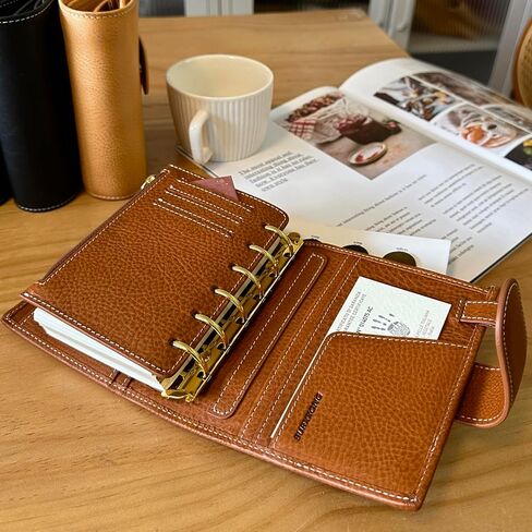 دفتر ملاحظات A7 منظم من الجلد الطبيعي من Minerva Box، دفتر ملاحظات بحجم الجيب مع مخطط حلقات ستالوجي مع دفتر مذكرات جدول أعمال صغير مقاس 25 مم (بني كونياك) in Kuwait