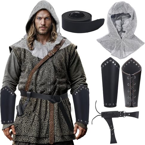 Men's Renaissance Costume Medieval Knight Cowl Crusader Costume Halloween Medieval Pirate Viking Leather Waist Belt Bracer in Saudi Arabia